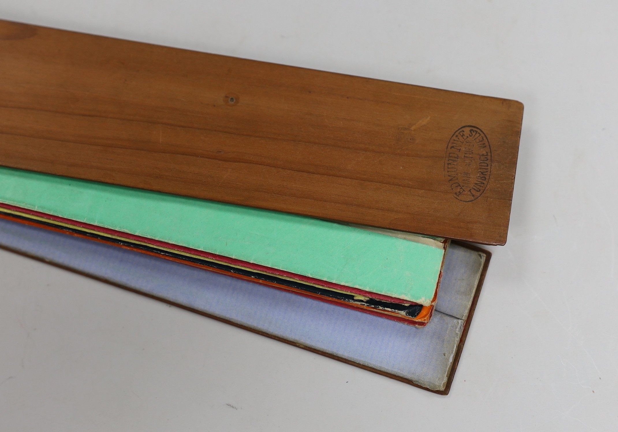 Tunbridgeware - a Hungarian ash case of lining paper samples, by Edmund Nye, possibly a travelling salesman’s sample set, 23.5cm, a stickware ladle, a napkin ring and a small box with rare portrait of a fox head